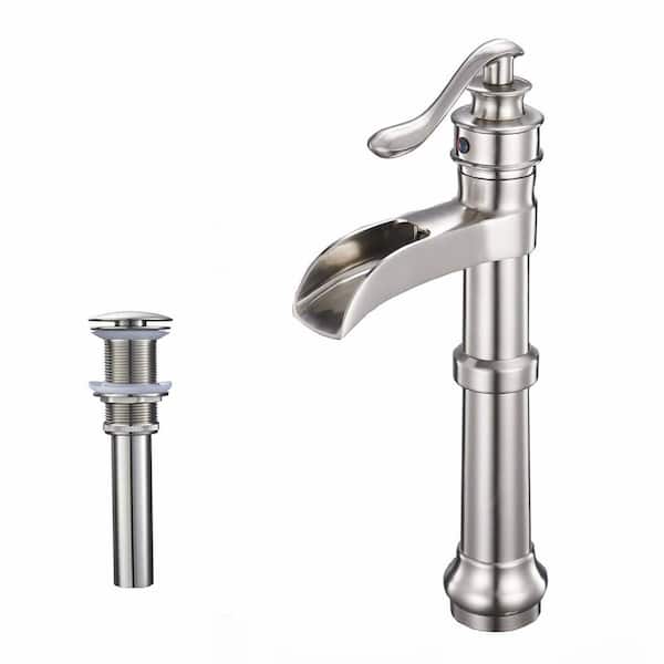 FLG Single Handle Single Hole Brass Waterfall Bathroom Vessel Sink Faucet with Pop-Up Drain Kit in Brushed Nickel