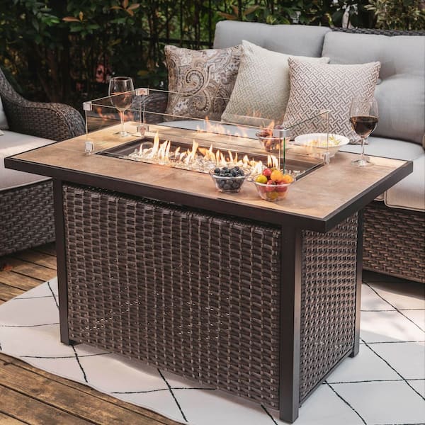 43 in, 50,000 BTU Brown Rectangle Wicker Outdoor Propane Gas Fire Pit Table with Glass Fire Pit Wind Guard