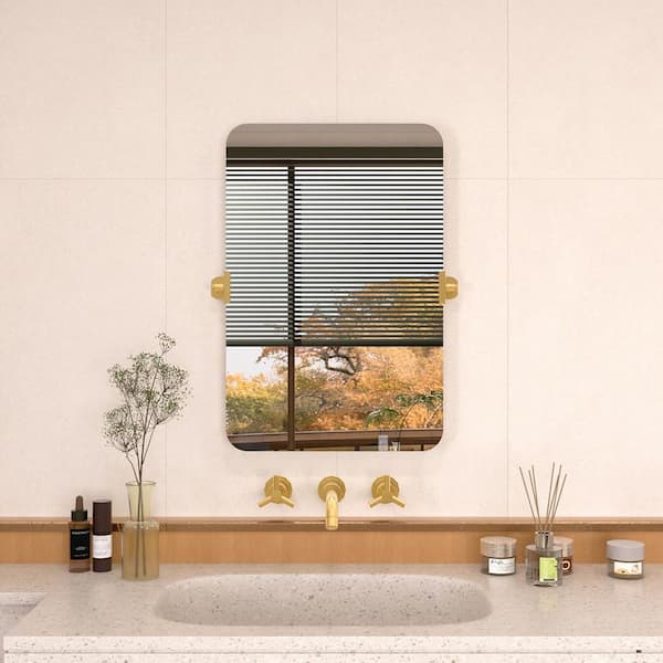 Edge 20 in. W x 30 in. H Rectangular Framed Adjustable Tilt Wall-Mounted Bathroom Vanity Mirror in Brushed Gold