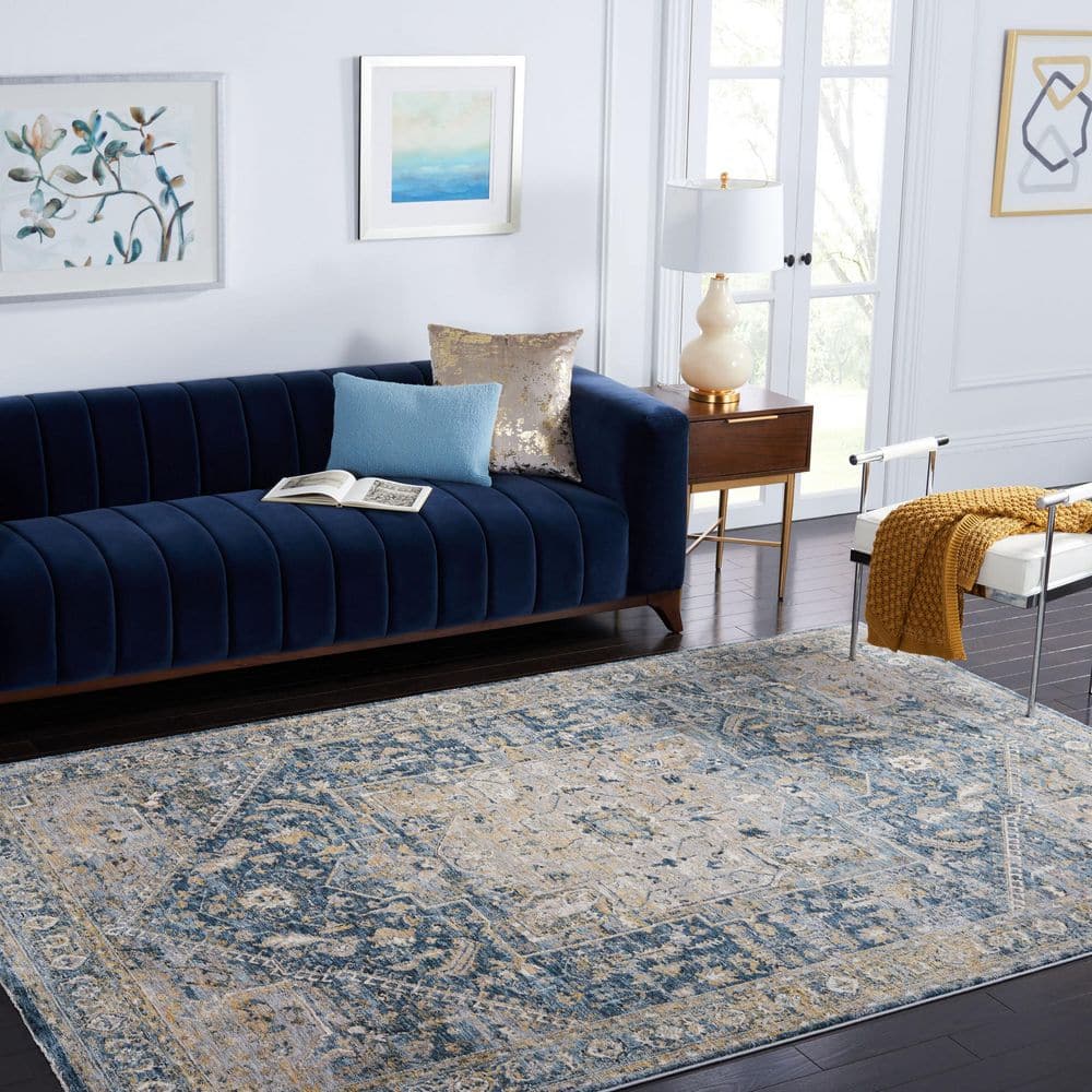 Valencia 5 ft. x 8 ft. Blue/Gold Distressed Medallion Border Area Rug price history on PriceWatchPro