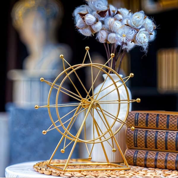イエロー 球形オブジェ 9 in. x 9 in. Gold Ferris Wheel Bookshelf Decor Metal - Art Deco
