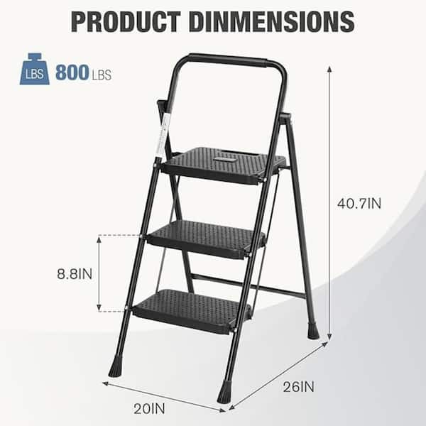3-Step Lightweight Steel Step Stool (9 ft. Reach) with Anti-Slip Wide Pedal and Handrails, 800 lb. Load Capacity
