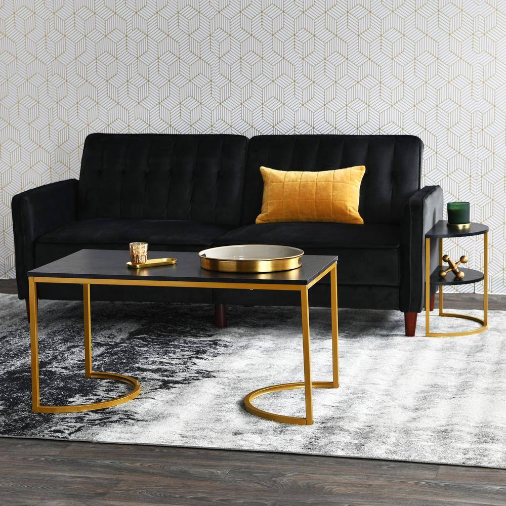 Black Oak and Gold Half-Moon 2-Tier End Table