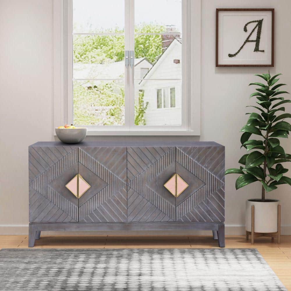Abiel 55 Inch Gray Mango Wood Sideboard with Diamond Carving