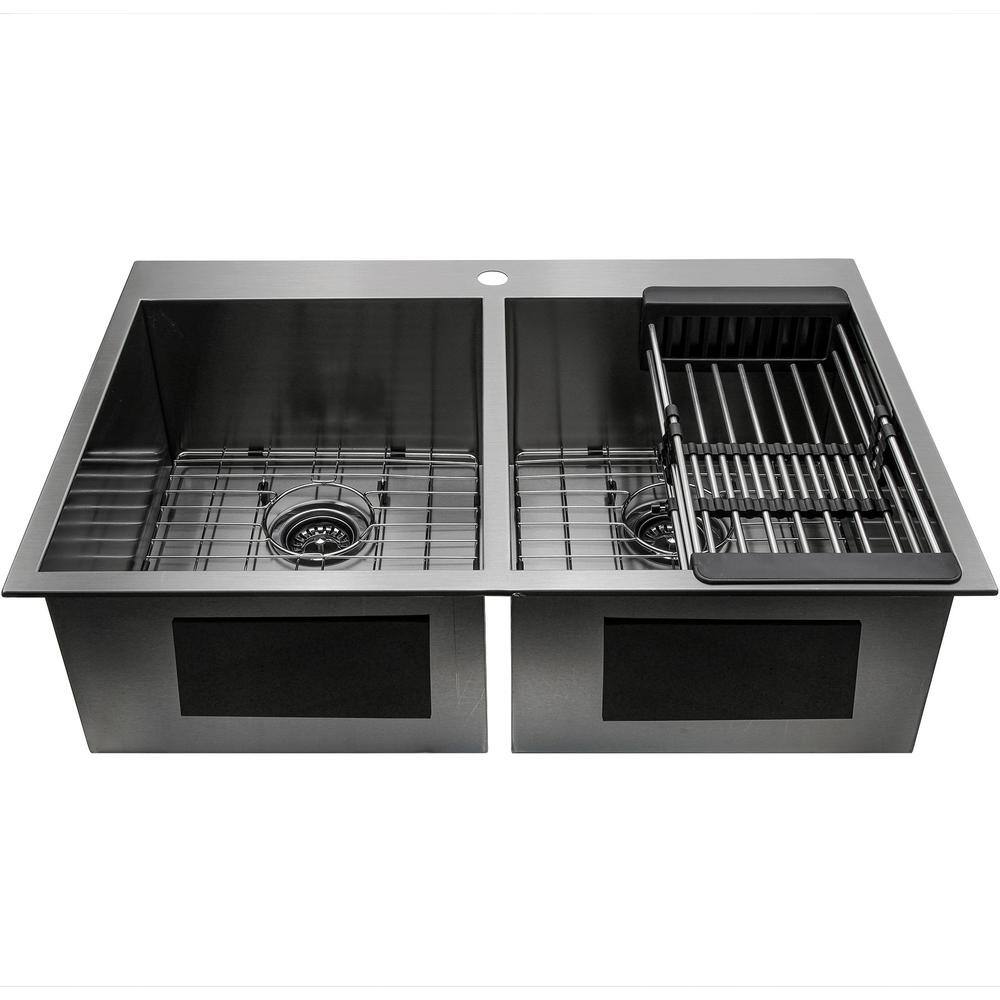 33" Double Bowl Gunmetal Matte Black Stainless Steel Kitchen Sink with Faucet