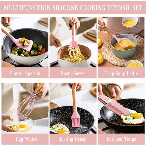 Aoibox 33-Piece Silicon Cooking Utensils Set with Wooden Handles and Holder for Non-Stick Cookware, Pink