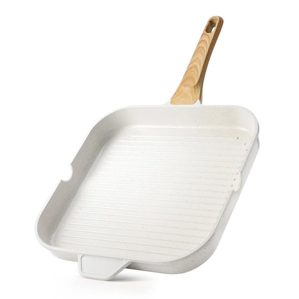 12 in. White Ceramic Nonstick Square Grill Pan with Pour Spouts, Die-Cast Aluminum, PTFE PFAS Free, All Stoves