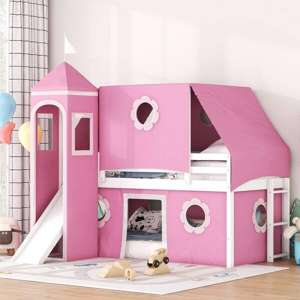 Polibi Twin Size Bunk Bed with Slide Pink Tent and Tower - Pink