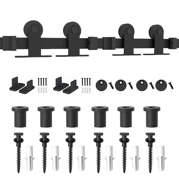 WINSOON 7.5 ft./90 in. Top Mount Sliding Barn Door Hardware Track Kit for Double Doors with Non-Routed Floor Guide Black