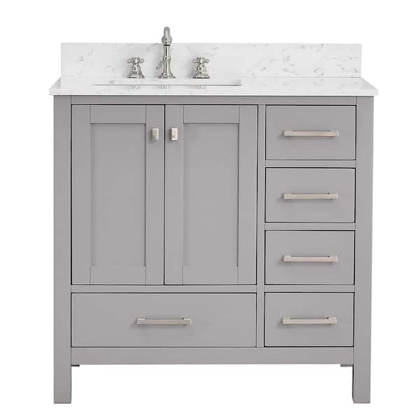 BathMist 36 in. W Left Single Sink Freestanding Bath Vanity in Gray with White Engineered Stone Top