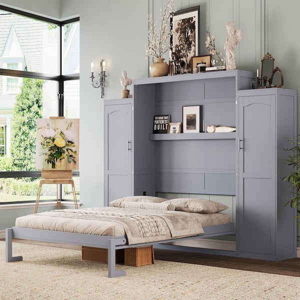 Leander Multifunctional Gray 110.39 in. Wood Frame Queen Size Murphy Bed Cabinet with 2 Wardrobes, Storage Shelf