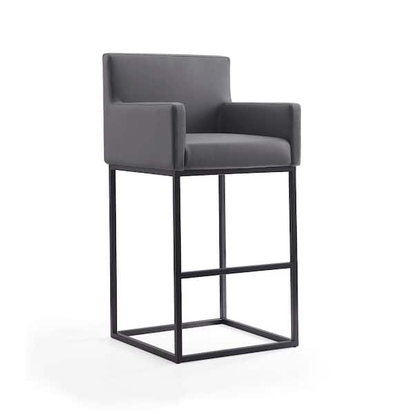 Manhattan Comfort Ambassador 30 in. Grey and Black Metal Bar Stool with Faux Leather Upholstered Seat