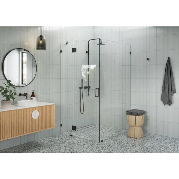 Glass Warehouse 41 in. W x 44 in. D x 78 in. H Pivot Frameless Corner Shower Enclosure in Oil Rubbed Bronze Finish with Clear Glass