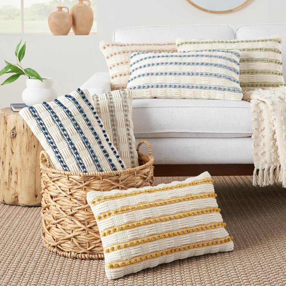 Navy and Ivory Embroidered Rectangular Throw Pillow 12" x 20"