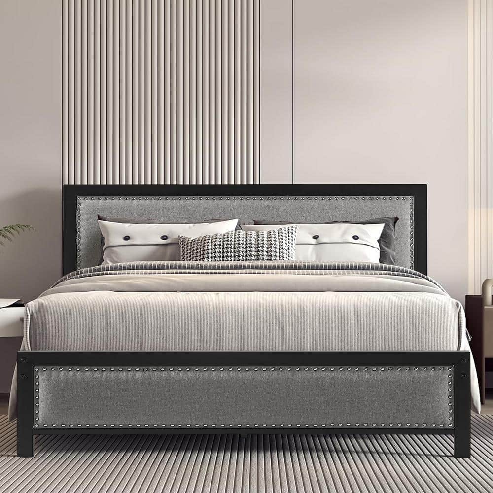 VECELO Metal Bed Frame Queen Gray with Linen Upholstered Headboard,  Platform Bed with 12.6 in. Under Bed Storage and Nailhead KHD-Q35-GRY - The  Home 