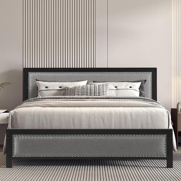 VECELO Metal Bed Frame Queen Gray with Linen Upholstered Headboard, Platform Bed with 12.6 in. Under Bed Storage and Nailhead