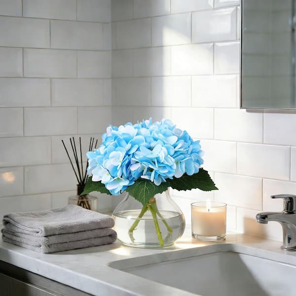 MOVECOM Artificial Hydrangea Flowers with Glass Vase and Fake