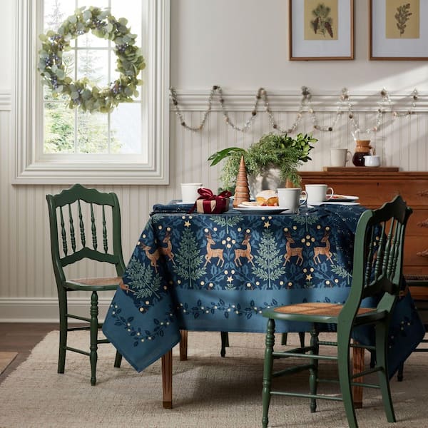 Company Cotton Reindeer 70 in. W x 90 in. L Blue Seasonal Cotton Tablecloth
