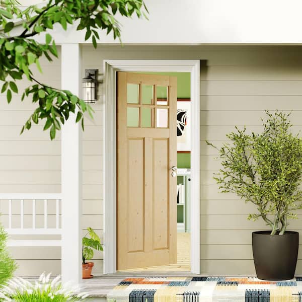 36 in. x 80 in. 6 Lite, Universal, Clear Glass, Solid Pine Wood, Light Brown Primed Wood Front Door Slab