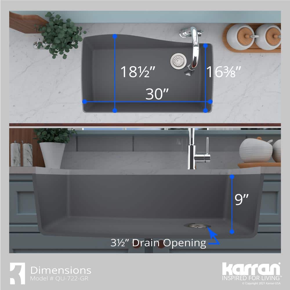 Gray Quartz Composite Single Bowl Undermount Kitchen Sink