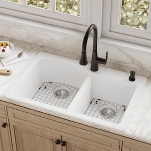QT-610 Quartz/Granite 33 in. Double Bowl 60/40 Top Mount Drop-In Kitchen Sink in White with Bottom Grid and Strainer