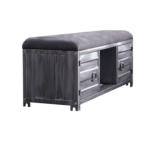 Benjara Industrial Gray Cushioned Metal Bench with 2-Cabinets and Open Shelf 56.25 in. L x 16.13 in. W x 19.88 in. H
