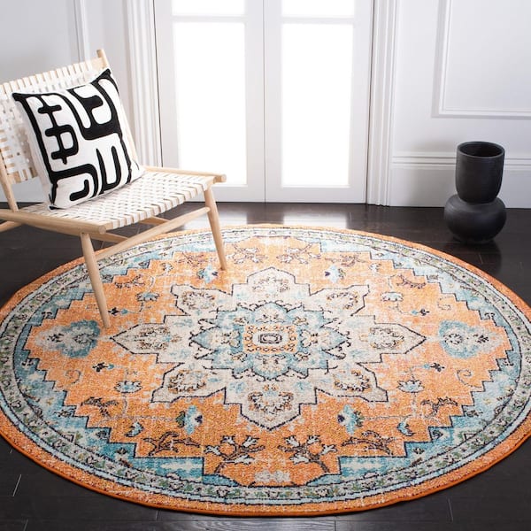 Madison Orange/Teal 7 ft. x 7 ft. Border Geometric Floral Medallion Round Area Rug