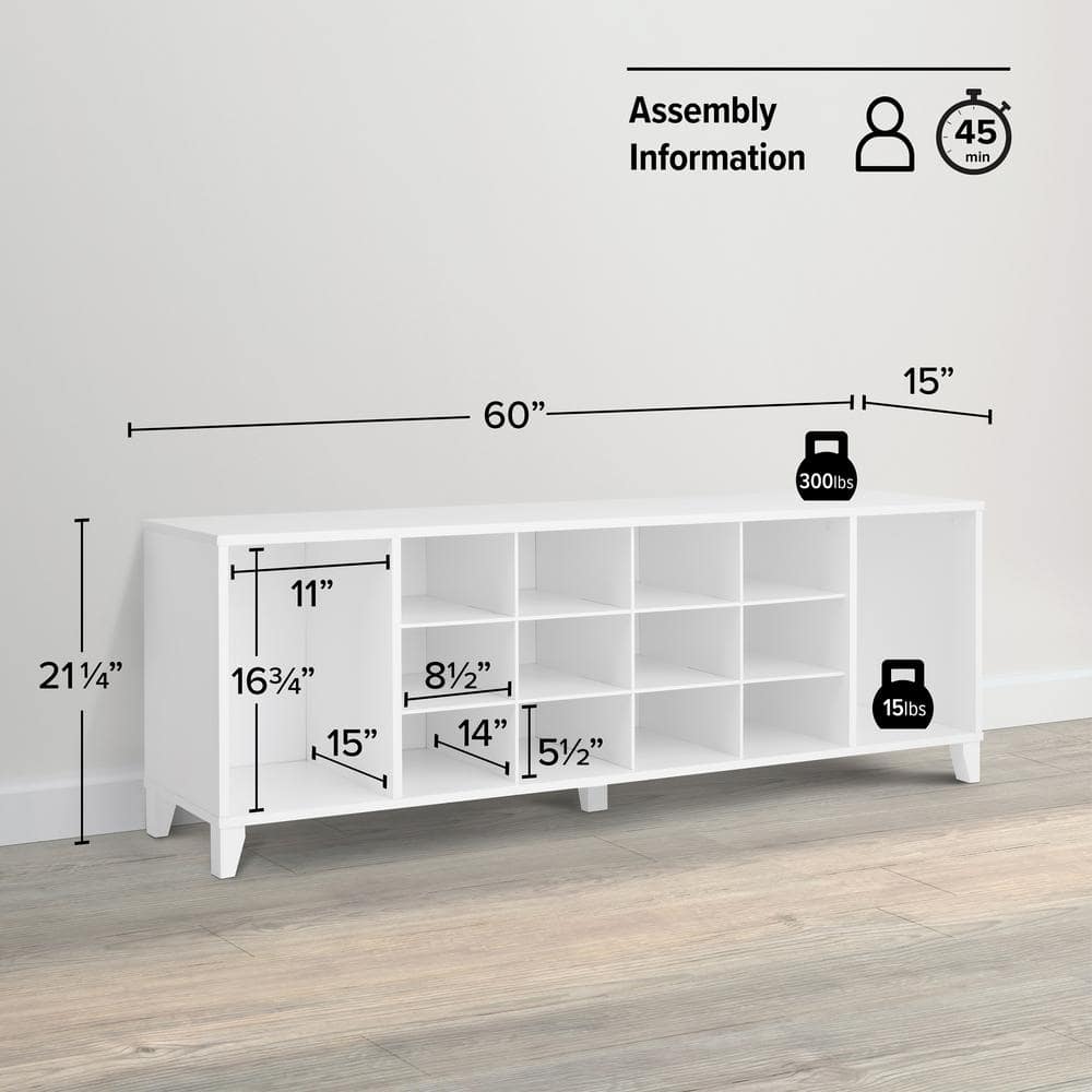 White Wooden Entryway Shoe Storage Bench with 14 Cubbies