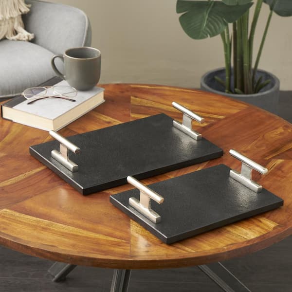 Litton Lane Black Marble Textured Decorative Tray with Silver Rod Handles (Set of 2)