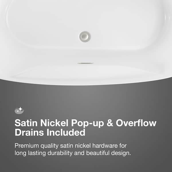 Berkel 60 in. Acrylic Freestanding Flatbottom Bathtub in White with Overflow and Drain in Brushed Nickel Included