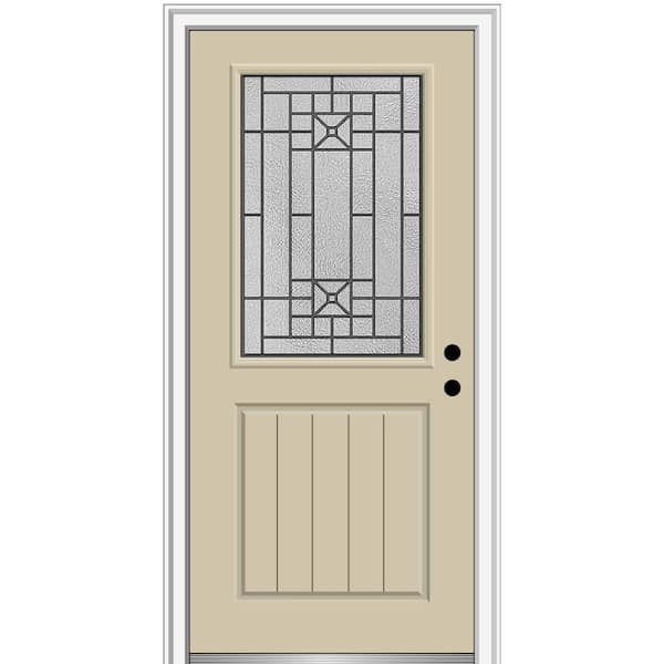 MMI Door 32 in. x 80 in. Courtyard Left-Hand 1/2-Lite Decorative Planked Painted Fiberglass Prehung Front Door, 4-9/16 in. Frame