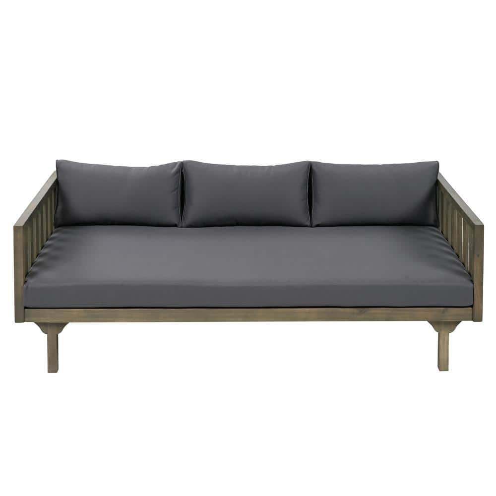 Wood Outdoor 3-Seater Grey Wood Day Bed, Chaise Lounge with Cushion Guard and Wood Arms, Grey Cushion