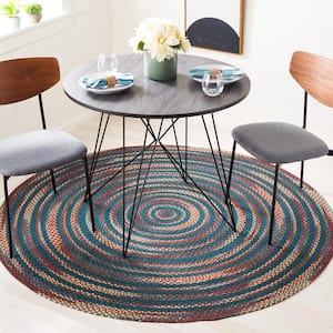 Braided Blue/Green 3 ft. x 3 ft. Striped Round Area Rug