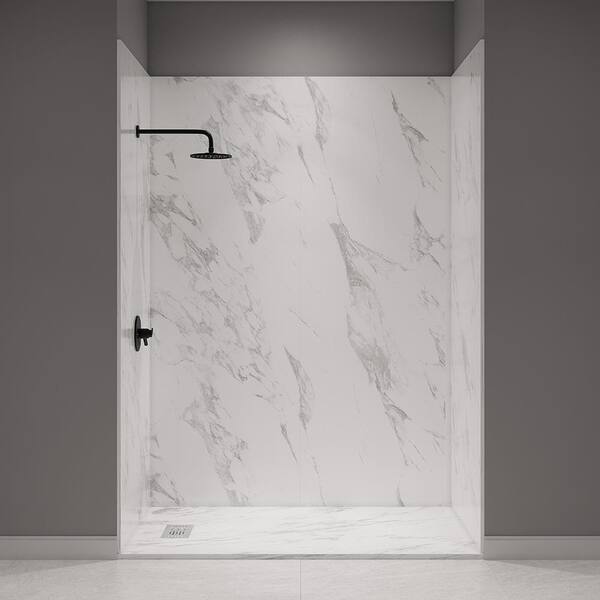 CASTICO 60 in. L x 36 in. W x 84 in. H Solid Composite Stone Shower Kit w/Carrara Walls and L/R Carrara Sand Shower Pan Base