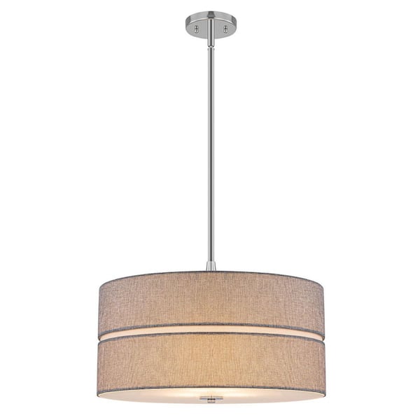 19.7 in. 3-Light Modern Chrome Drum Pendant Light with Fabric Shade for Dining, Living Room