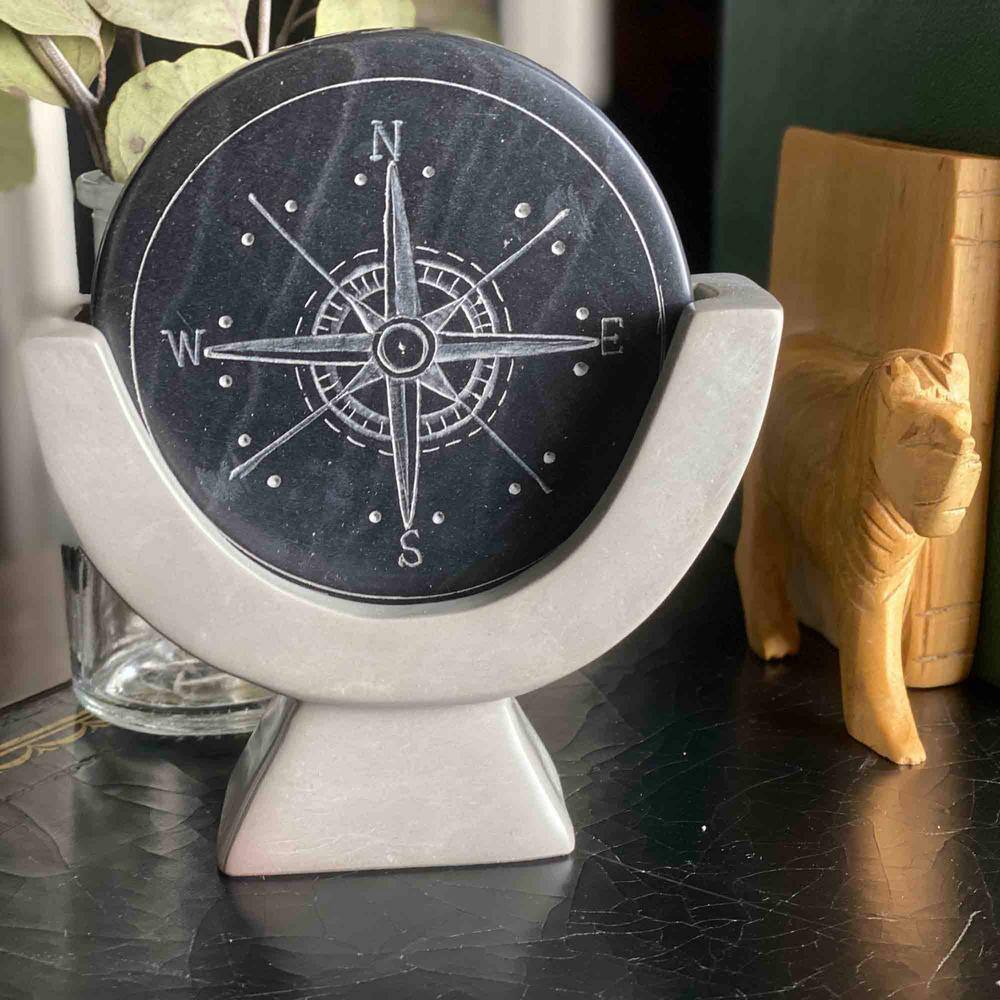 Hand-Carved Dark Gray Soapstone Compass Sculpture