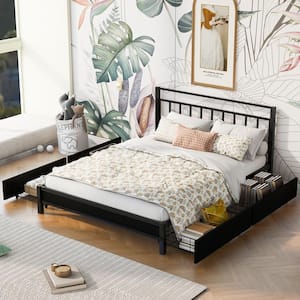 Black Metal Frame Queen Size Platform Bed with Storage 4-Drawer, Additional Bed Legs and Slats Legs