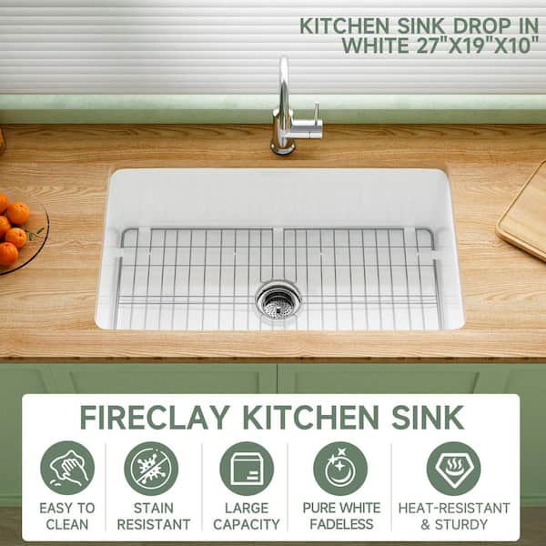 27 in. Fireclay Kitchen Sink Drop-in/Undermount Dual Mount White Single Bowl Kitchen Sinks with Sink Grid and Strainer
