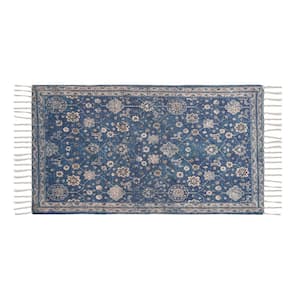 Chinille Fringe Machine Washable Blue 2 ft. x 4 ft. Floral Accent Area Rug