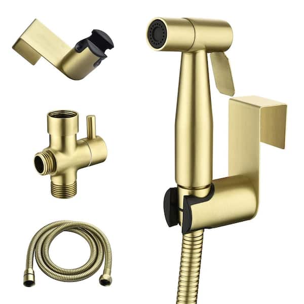 Boyel Living Single-Handle Bidet Faucet with Sprayer Holder, Solid Brass T-Valve Adapter and Flexible Bidet Hose in Brushed Gold