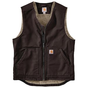 Men's Large Dark Brown Cotton Relaxed Fit Washed Duck Sherpa-Lined Vest