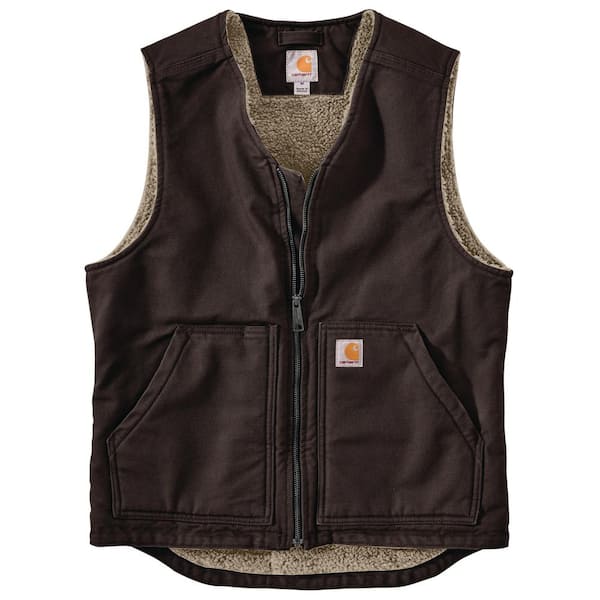 Carhartt Men's Medium Dark Brown Cotton Relaxed Fit Washed Duck Sherpa-Lined Vest