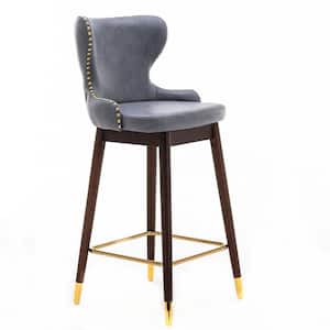 42.5 in. Blue High Back Wood Frame Leather Bar Stools, Tufted Gold Nailhead Trim Decoration Bar Chairs(Set of 2)
