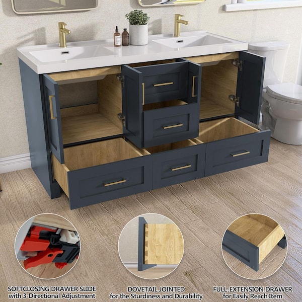 60 in. W. x 22 in. D x 35.5 in. H Freestanding Double Sink Bath Vanity Cabinet in Navy Blue with White Solid Surface Top