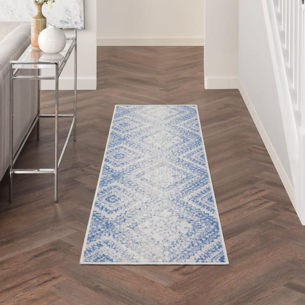Whimsicle Ivory Blue 2 ft. x 8 ft. Geometric Bohemian Kitchen Runner Area Rug