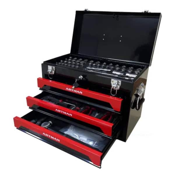 20 in. Portable Tool Box with Tool Set 3-Drawer 4 Layers of Tools with Metal Latches and Top Storage Tray