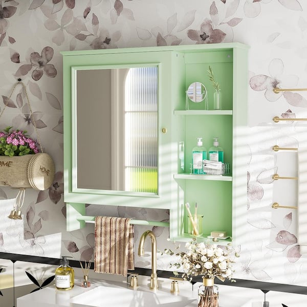 Tileon 28.85 in. W x 28 in. H Rectangular Wood Medicine Cabinet with Mirror Storage Cabinet in Green