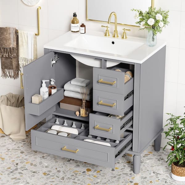 30 in. W Solid Wood Frame Single Sink Classic Gray Bath Vanity with White Ceramic Top