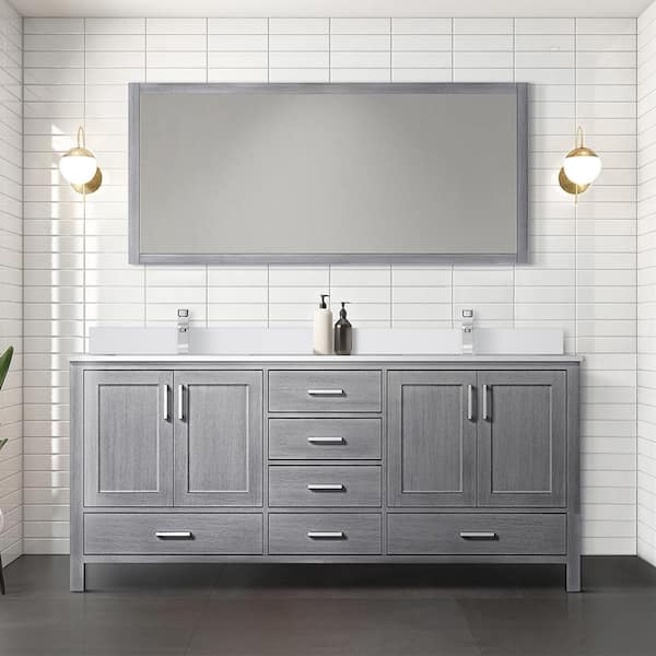 Lexora Jacques 72 in. W x 22 in. D Distressed Grey Bath Vanity, Cultured Marble Top, Faucet Set, and 28 in. Mirror