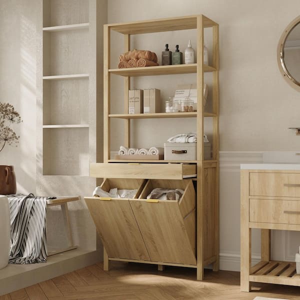 30.1 in. W x 14 in. D x 70.8 in. H Yellow Nature Wood Freestanding Bathroom Linen Cabinet with Flip Storage for Clothes